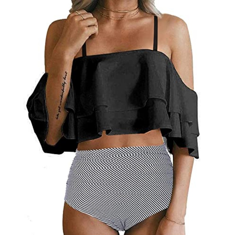 Flattering Two Piece Swimsuit For Women High Waisted Bikini Bottoms-Black Stripe