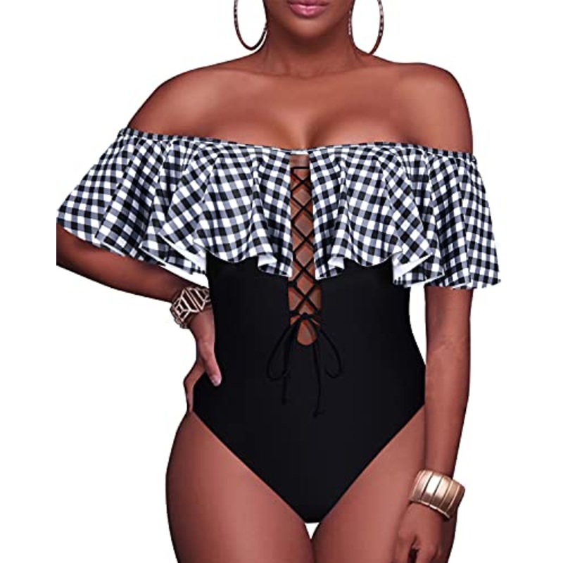 Flirty Lace-Up Off-Shoulder One Piece Swimsuit For Women-Black And White Checkered