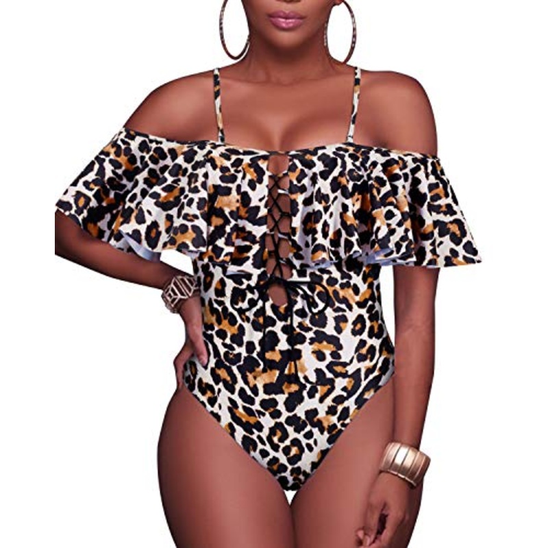 Flirty Ruffled Off The Shoulder One Piece Swimsuit For Ladies-Leopard