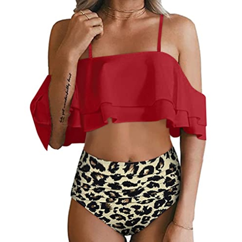 Flounce Off Shoulder Two Piece Bathing Suit-Red And Leopard