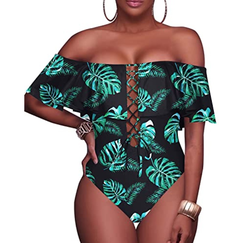 Flounce One Piece Swimsuit Off-The-Shoulder Lace-Up Backless Bathing Suit-Black And Green Leaf