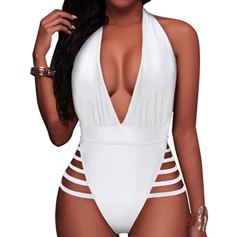 Flounce Ruffled Off Shoulder Plunge Deep V Neck One Piece Swimsuits-White