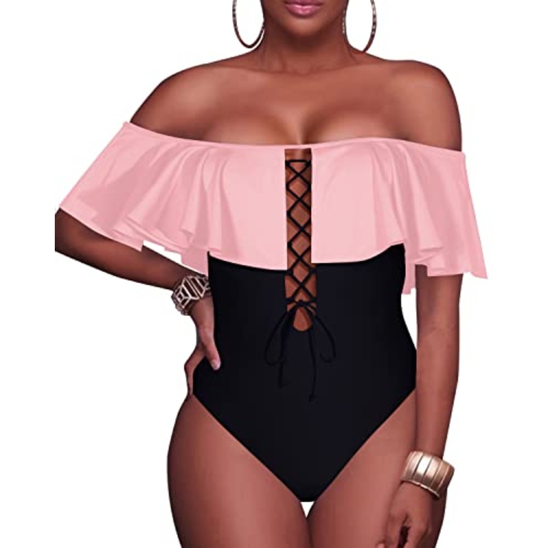 Flounce Strapless One Piece Suit For Juniors-Pink And Black