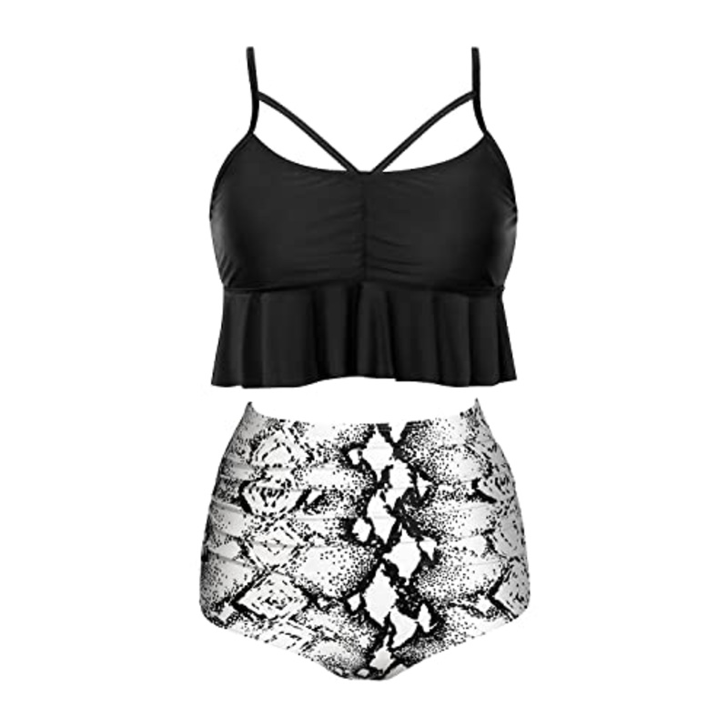 Flounced Two Piece Tummy Control Swimsuits For Women Tummy Control Bikini Sets-Black And White Snake Print
