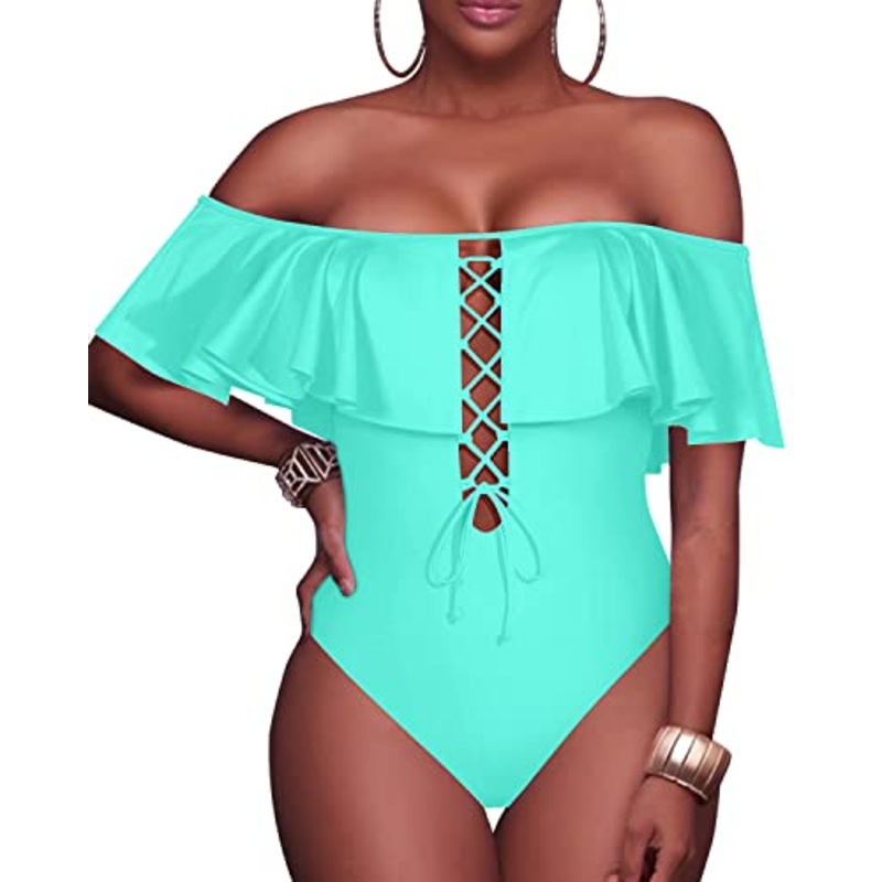 Gorgeous Lace-Up Flounce One Piece Swimsuit For Juniors-Aqua
