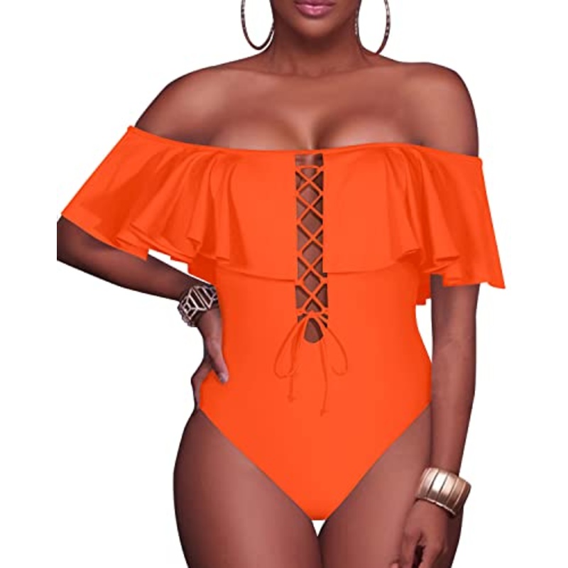 Gorgeous Removable Strap Off The Shoulder One Piece Swimsuit For Juniors-Neon Orange