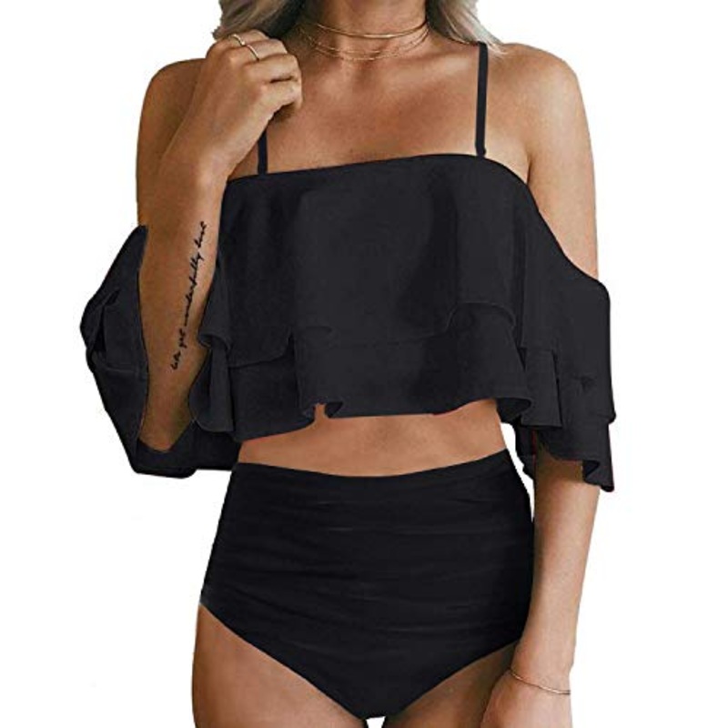 High Waisted Flounce Bikini Set For Women Hollow Out Bottoms-Black