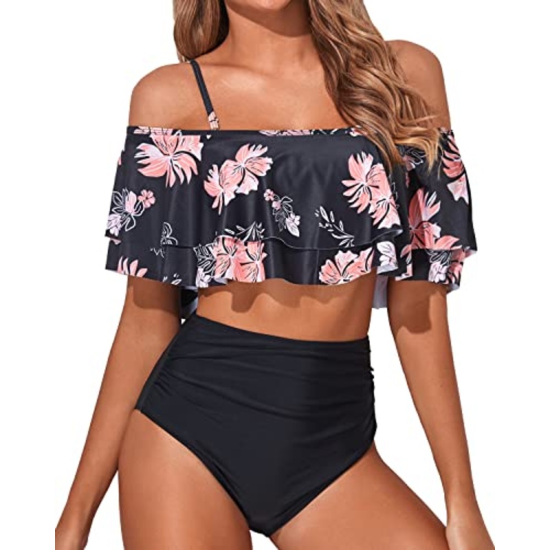 High Waisted Two Piece Off Shoulder Bikini Set-Black Orange Floral