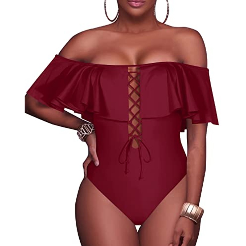 Junior's Lace Up Ruffled One Piece Bathing Suit-Maroon