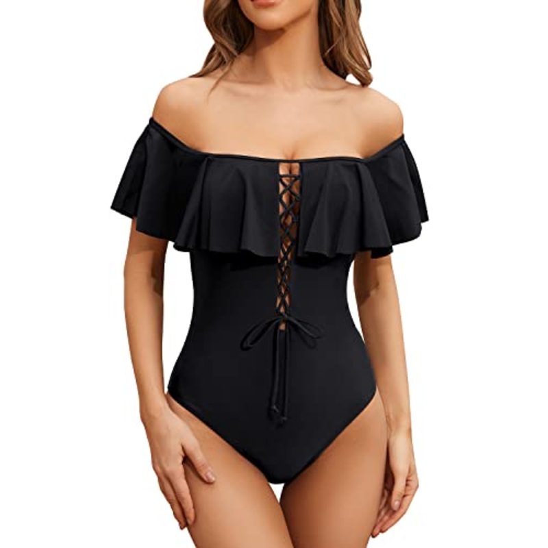 Lace-Up Front Off Shoulder Ruffle One Piece Swimsuit For Women-Black