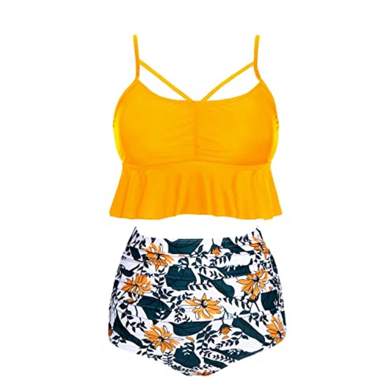Lace-Up High Waisted Two Piece Bikini Sets Tummy Control-Yellow Floral
