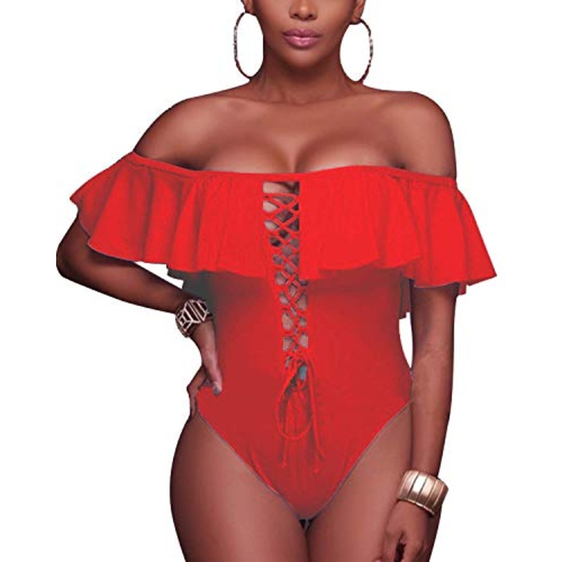 Lace-Up Ruffled Women Sexy One Piece Swimwear-Red