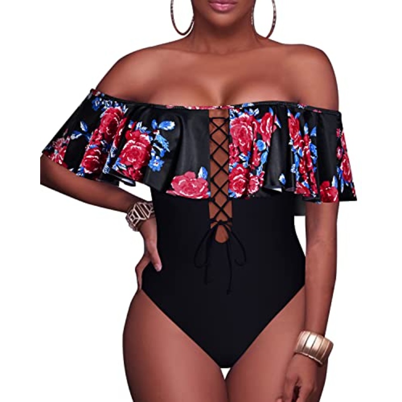 Lace-Up Strapless Bathing Suit For Ladies-Black And Red Floral