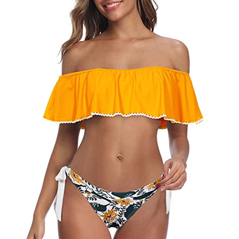 Off Shoulder Flounce Top Ruffle Bikini Swimsuits For Women-Yellow Floral