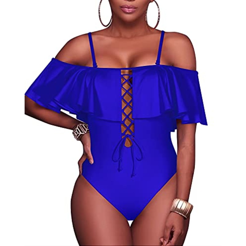 Off-Shoulder Flounce Women Sexy One Piece Swimwear-Royal Blue