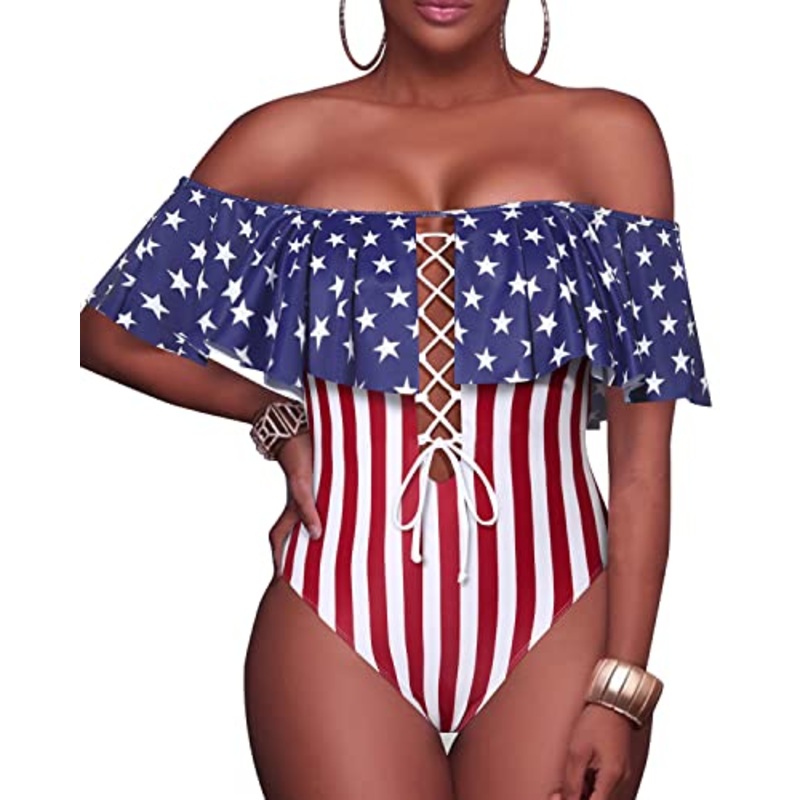 Off Shoulder Lace-Up One Piece Bathing Suit Ruffle Flounce Sexy Swimsuit-Flag