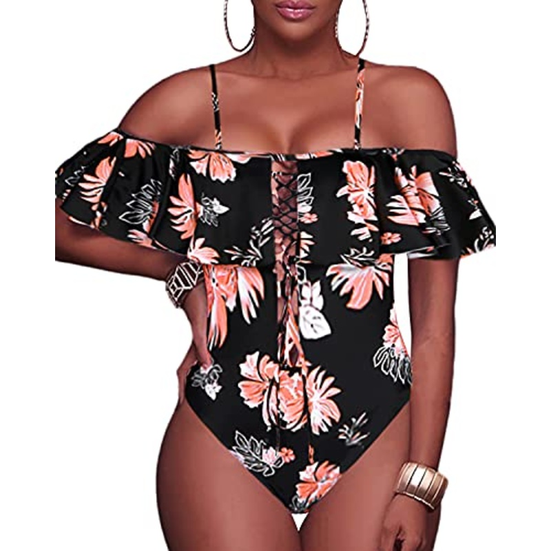 Off-Shoulder Lace-Up One Piece Swimsuit For Women-Black Orange Floral