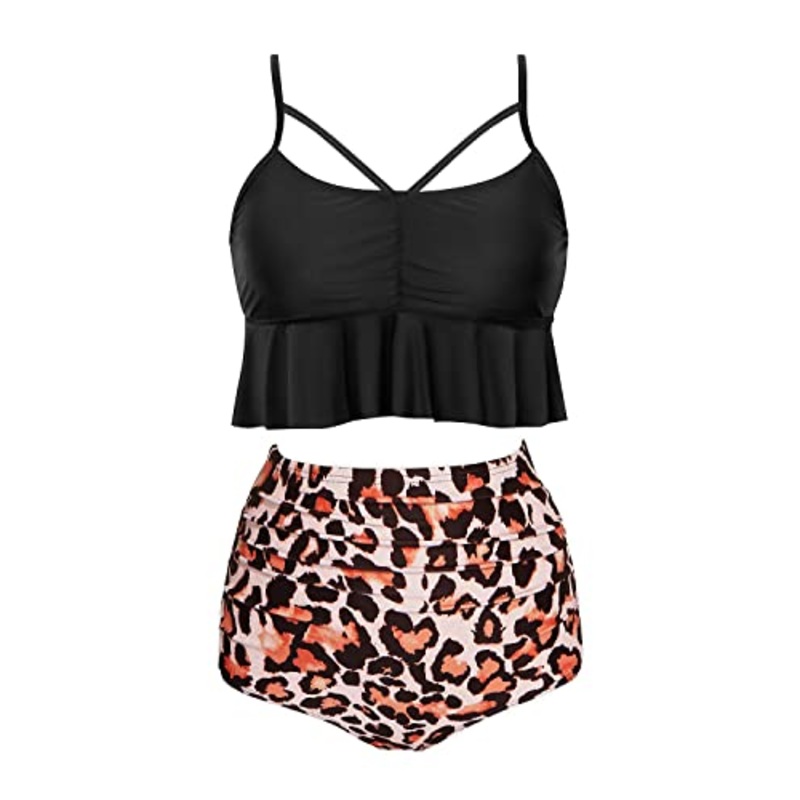 Push-Up Crop Back Lace-Up High Waist Bikini Sets-Black And Leopard