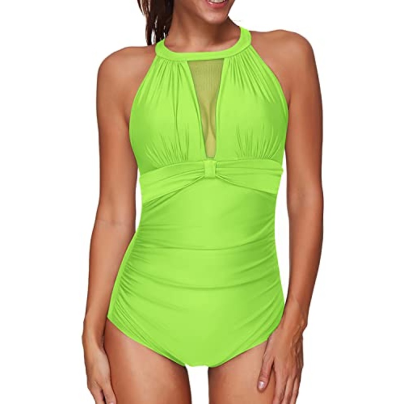 Push-Up Padded One-Piece Swimsuit Deep Plunge Back-Neon Green