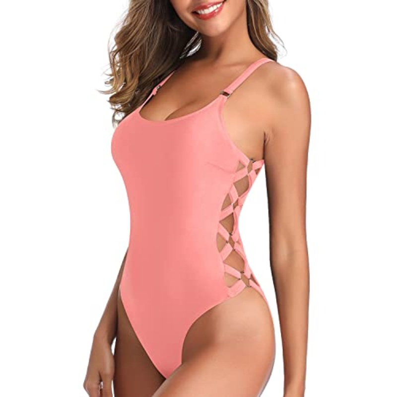 Removable Contoured Soft Padded Push Up Women One Piece Slimming Bathing Suit-Coral Pink