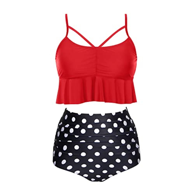 Removable Cotton-Padded Bra Fashionable Appearance High Waist Bikini Sets-Red Dot