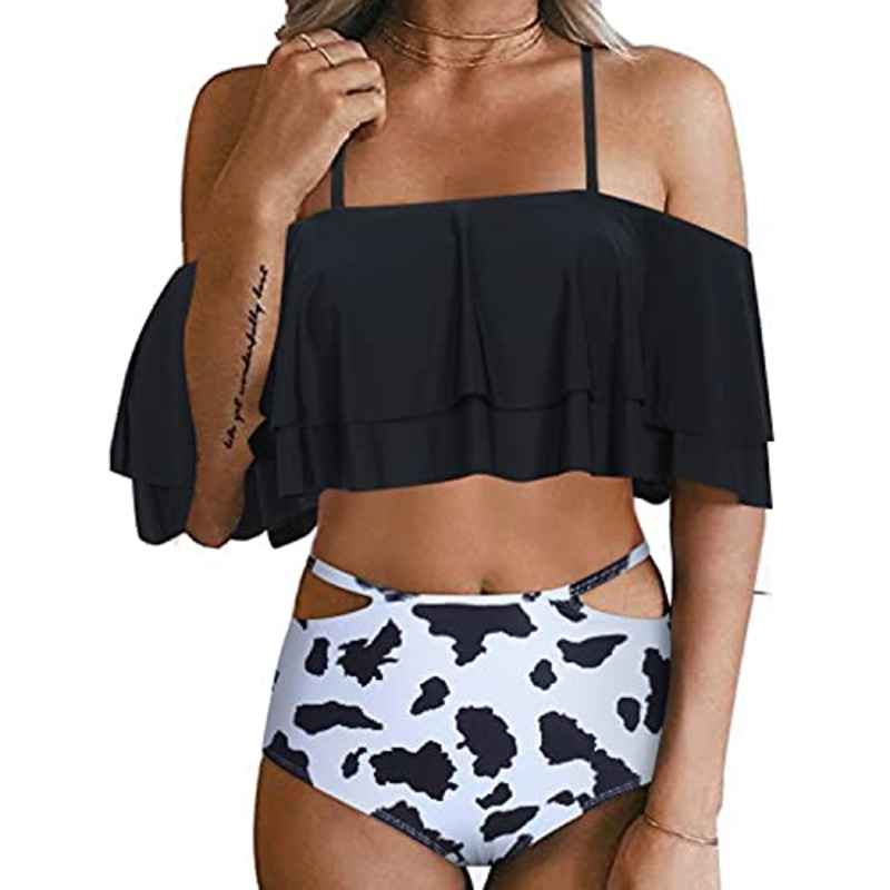 Removable Padded Off Shoulder Two Piece Bikini-Black And White Cow Pattern