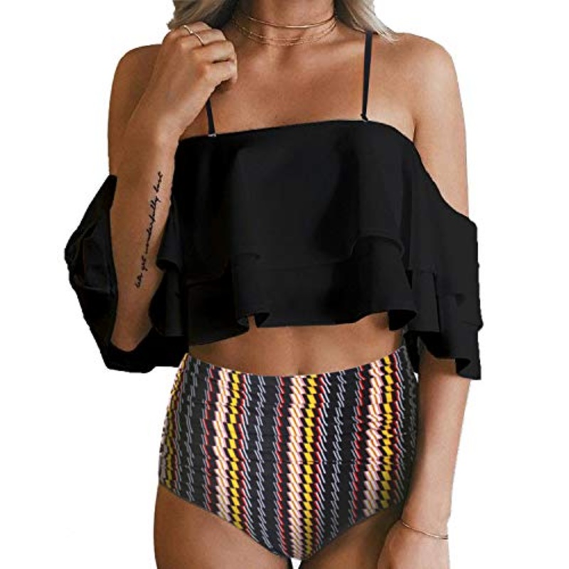 Removable Padded Two Piece Swimsuit For Women High Waisted Bottoms-Black Tribal