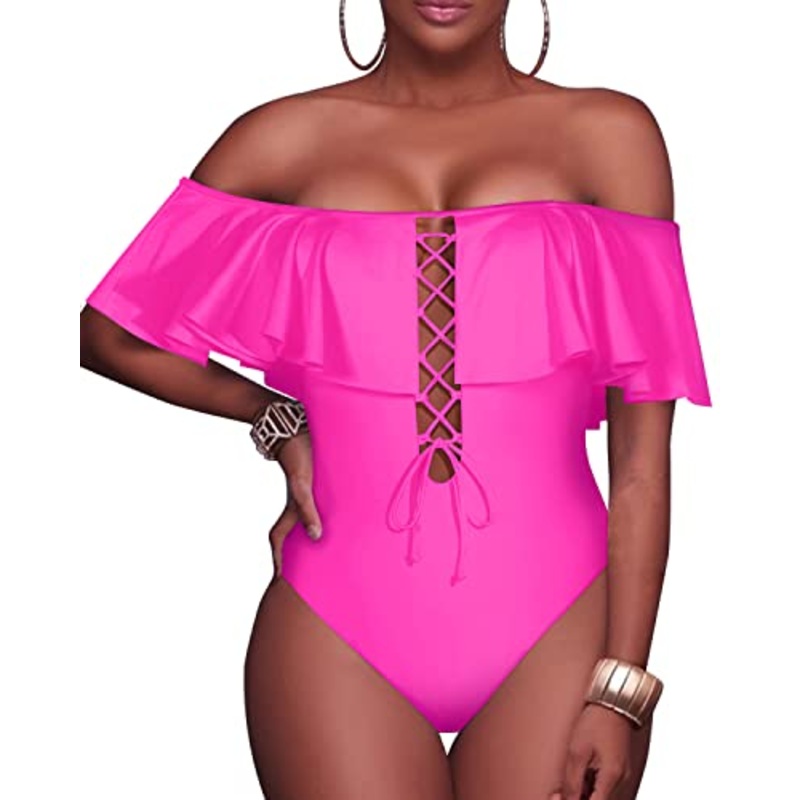 Removable Strap Women Sexy One Piece Swimwear-Neon Pink