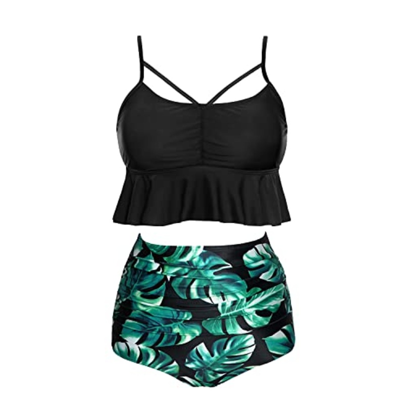 Retro Removable Cotton-Padded Bra High Waist Bikini Sets-Black Leaf