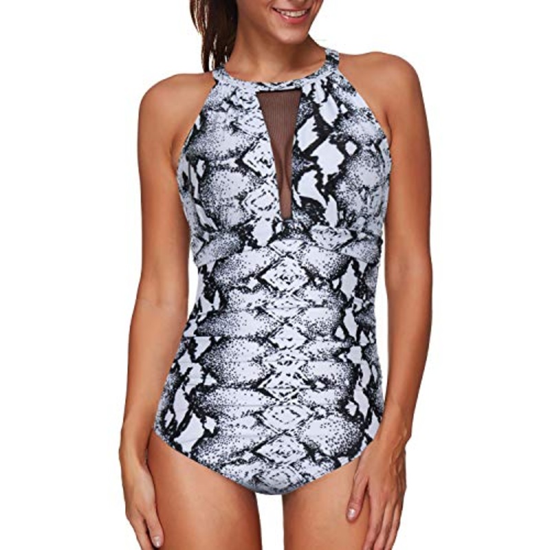 Ruched High-Neck Mesh Swimsuit Plunging Back For Women-Black And White Snake Print