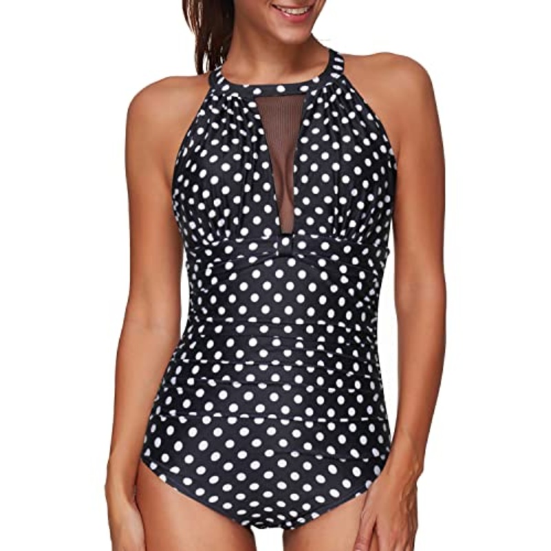 Ruched Monokini See-Through Mesh Women One Piece Swimsuit-Black Dot