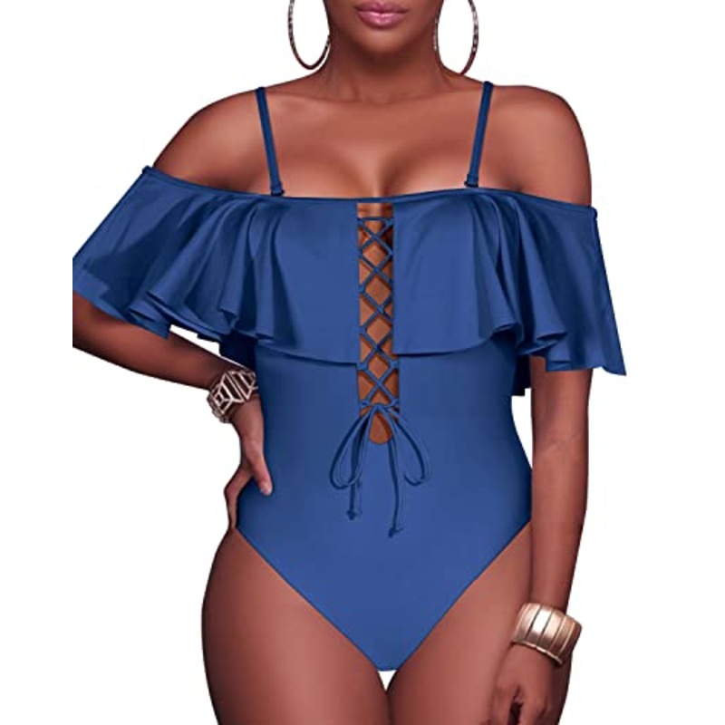 Ruffled Strapless One Piece Swimsuit For Women-Light Grey Blue