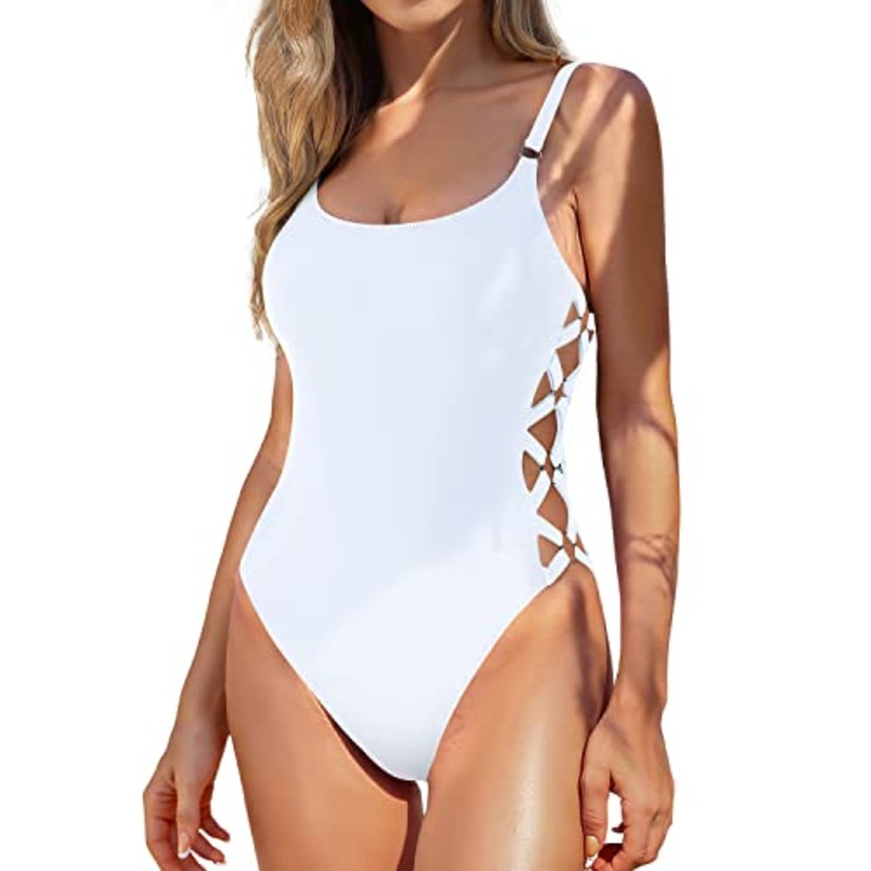 Sexy Crisscross Lace Up One Piece Slimming Swimsuits For Women-White