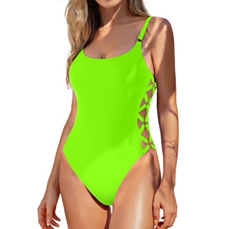 Sexy Crisscross Lace Up Women One Piece Slimming Bathing Suit-Neon Green