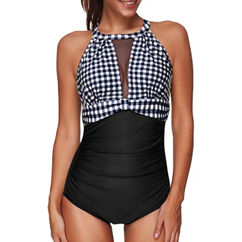 Sexy High Neck Mesh Monokini Women One Piece Swimsuit-Black And White Checkered