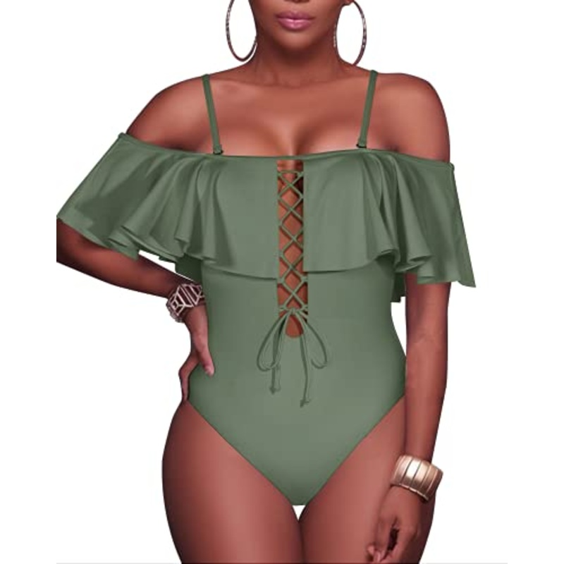 Sexy Lace-Up Off The Shoulder One Piece Swimsuit For Women-Olive Green