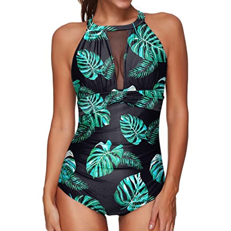 Sexy Mesh Ruched Women's One Piece Bathing Suit-Black And Green Leaf