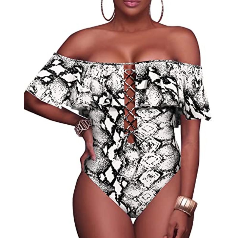 Sexy Off-Shoulder One Piece Lace Up Ruffled Bathing Suit-Black And White Snake Print