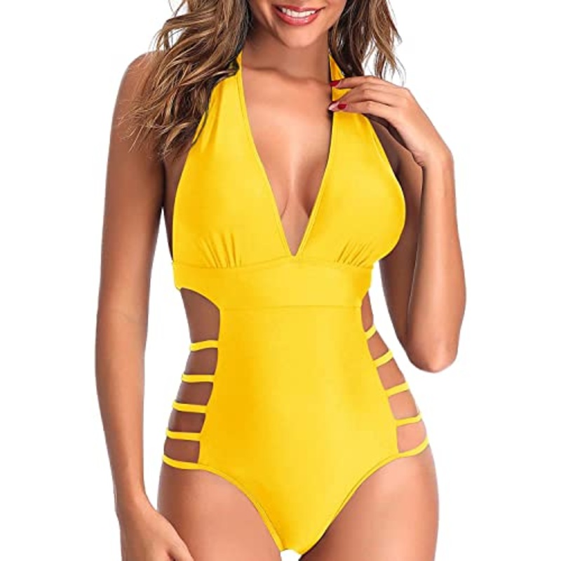 Sexy One Piece Halter Plunge V Neck Swimsuits