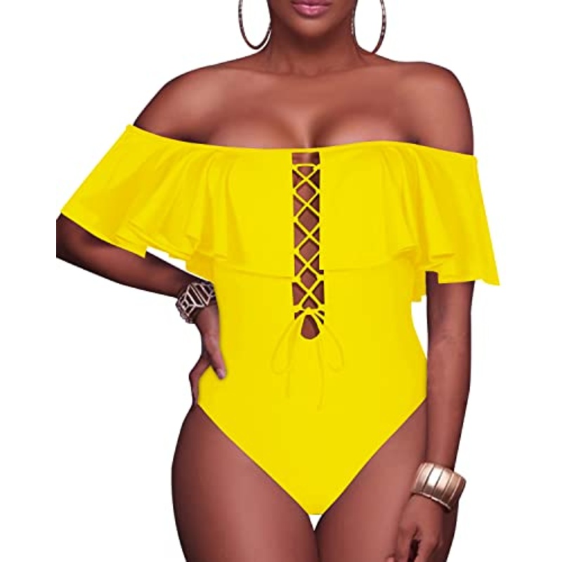 Sexy Removable Strap Lace-Up One Piece Bathing Suit-Neon Yellow