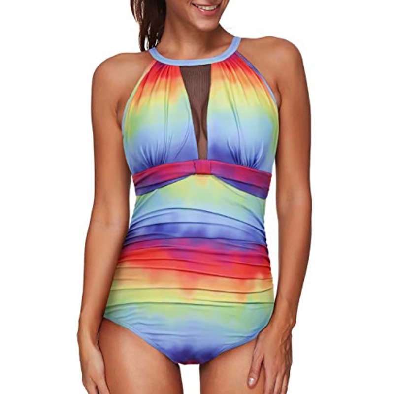 Sleek Tummy Control High Neck Ruched Monokini For Women-Color Tie Dye