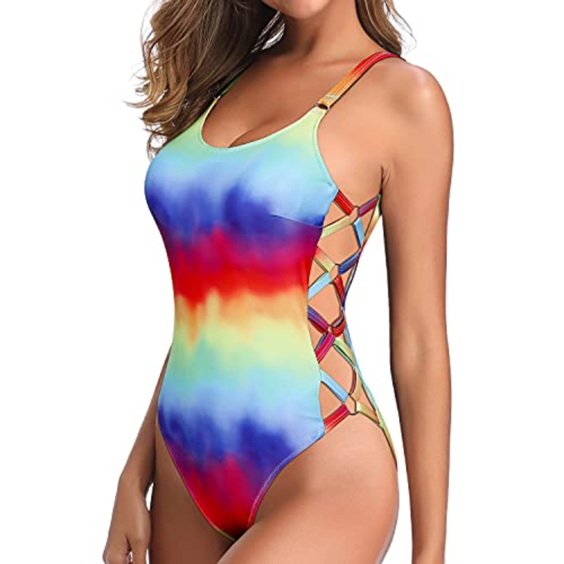 Slimming Crisscross Lace Up One Piece Swimsuits For Women-Color Tie Dye