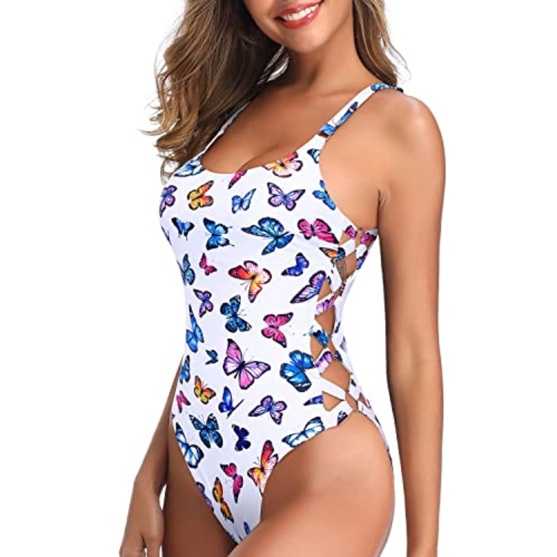 Slimming Crisscross Lace Up Women One Piece Swimwear-White Butterfly