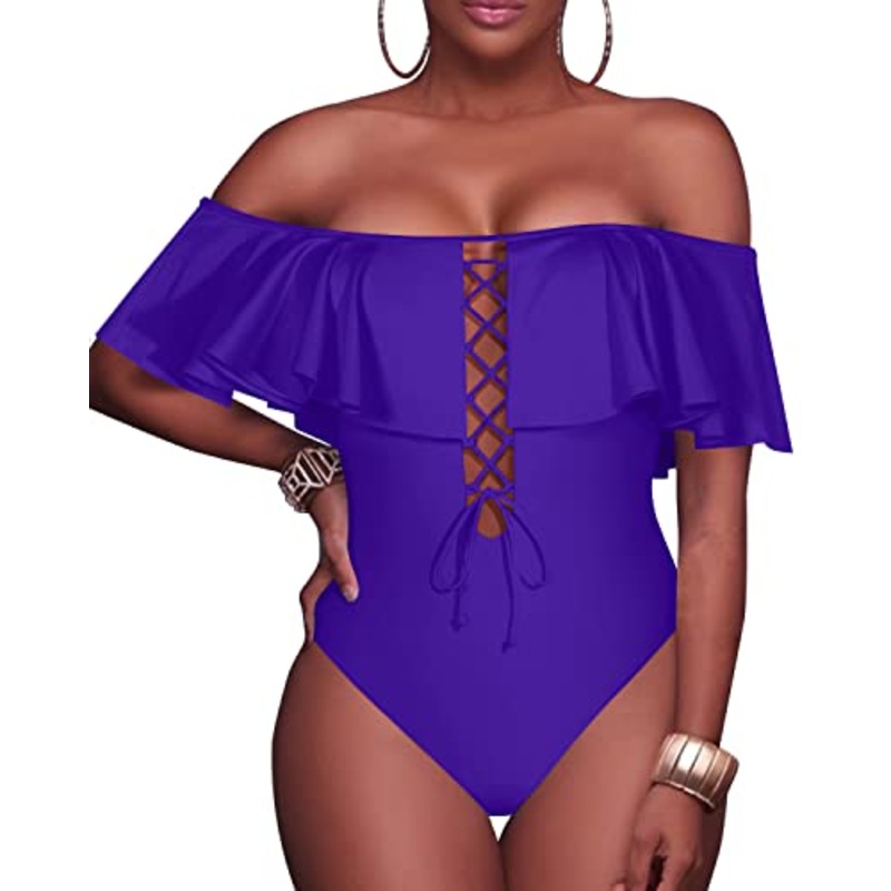Slimming Lace-Up Front Ruffled One Piece Swimsuit For Ladies-Purple