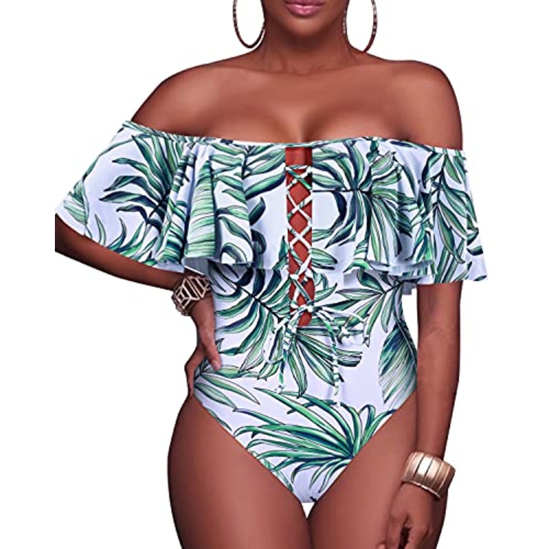 Slimming Lace Up Ruffled One Piece Swimsuit For Women-Green Leaf