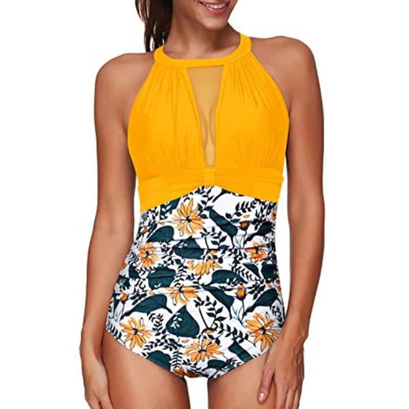 Slimming Tummy Control Ruched Monokini High Neck For Women-Yellow Floral
