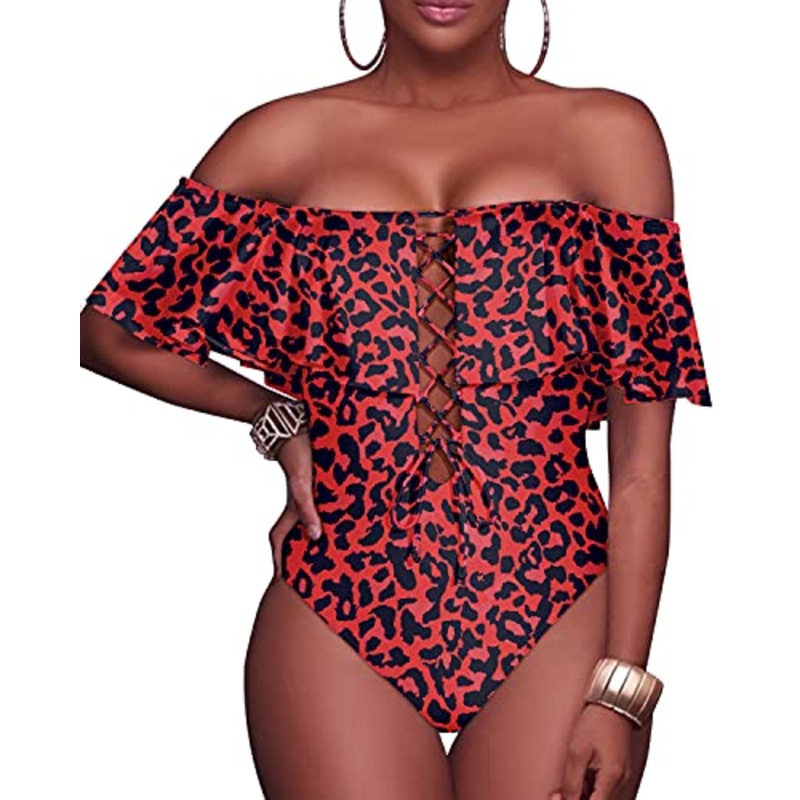 Strapless Lace-Up Women Sexy One Piece Swimwear-Red Leopard