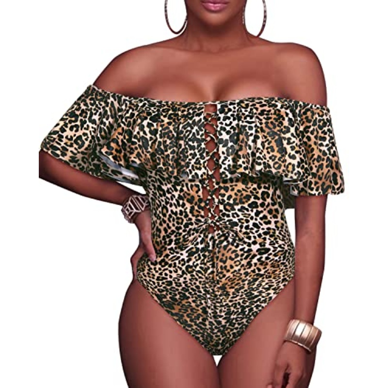 Strapless One Piece Bathing Suit Lace-Up Front Ruffle Flounce Sexy Swimsuit-Brown Leopard
