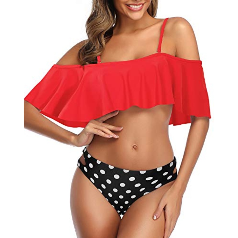 Stylish Ruffle Off Shoulder Bikini Set Adjustable Side Tie Bottoms-Red Dot