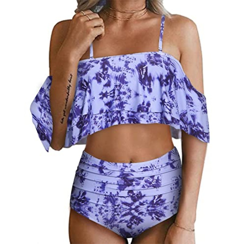 Stylish Ruffle Top Bikini Set For Women High Waisted Bottoms-Blue Tie Dye